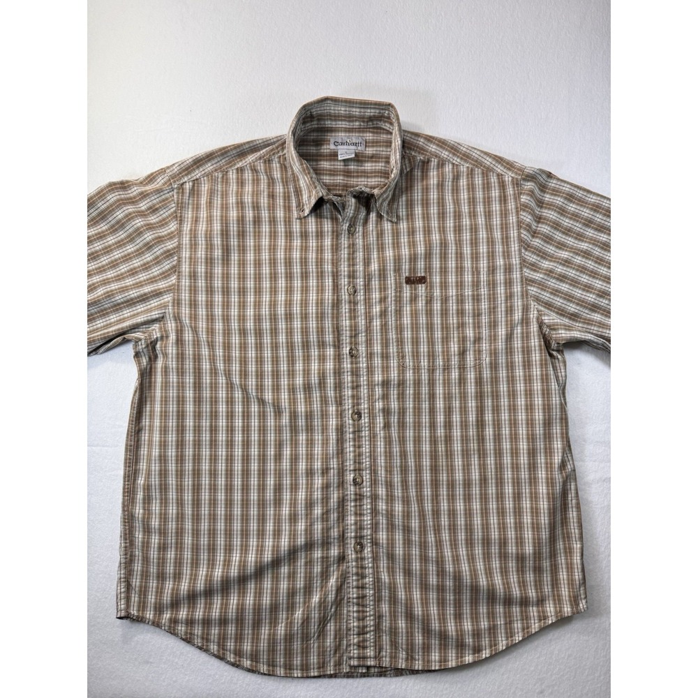 Carhartt Men Short Sleeve Button Up Shirt Green Orange Plaid L Cotton Oversized